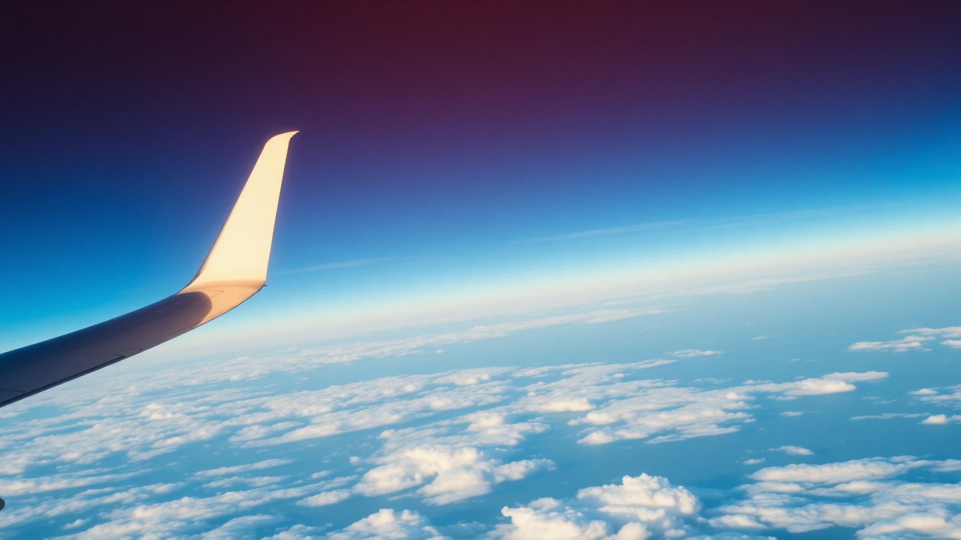 Aircraft wing above clouds at golden hour